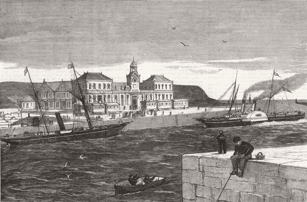 FRANCE. New railway & ship station, Boulogne 1877 old antique print picture